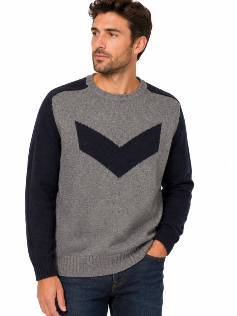 Hugo Boss Grey Wool Chevron Crewneck Sweater Navy Size Medium